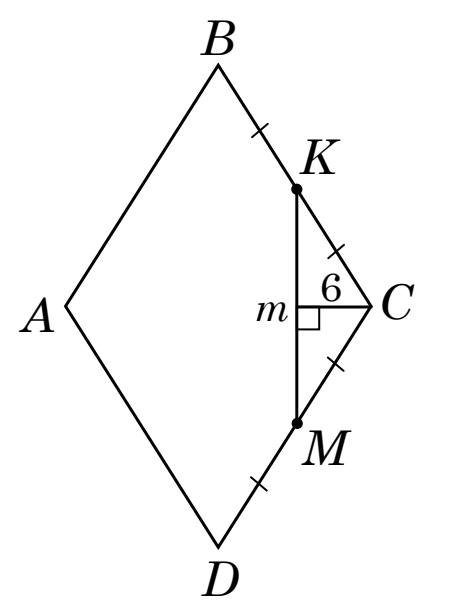 Ромб $ABCD$ ($B$ угорі, $D$ унизу, $A$ ліворуч, $C$ праворуч) з точками $K$ і $M$, серединами сторін $BC$ і $CD$; проведено відрізок $KM$ і перпендикуляр довжиною $6$ від вершини $C$ до нього.