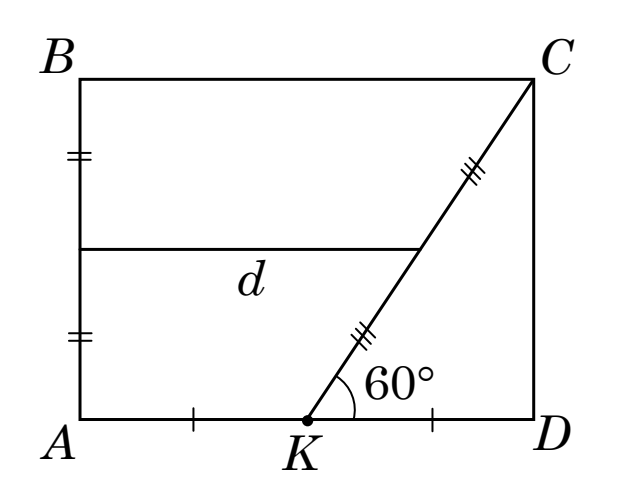 Прямокутник $ABCD$ ($B$ і $C$ угорі, $A$, $K$, $D$ унизу) з точкою $K$, серединою $AD$; проведено відрізок $KC$ і горизонтальний відрізок довжиною $d$, що сполучає середини $AB$ і $KC$; кут $60^\circ$ позначено при вершині $K$.