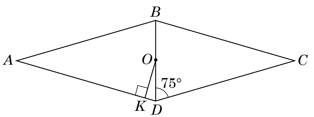 Ромб $ABCD$ ($A$ ліворуч, $B$ угорі, $C$ праворуч, $D$ унизу) з діагоналлю $BD$; $O$ є точкою перетину діагоналей, $OK \perp AD$ ($K$ на стороні $AD$ поряд із $D$, прямий кут позначено), а кут $75^\circ$ лежить при вершині $D$ між $DB$ і $DC$.